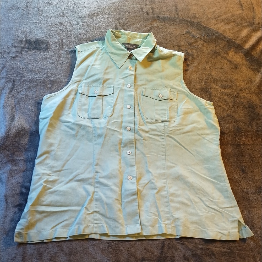 Van Heusen Vintage Sage Green Sleeveless Utility Safari Button Down Shirt Large